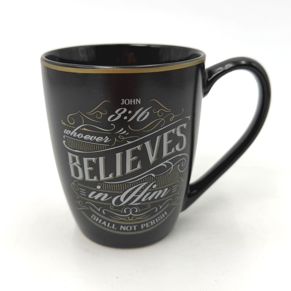 Christian Art Gifts John 3:16‎ Matte Black Ceramic Coffee Mug Gold Rim 2017